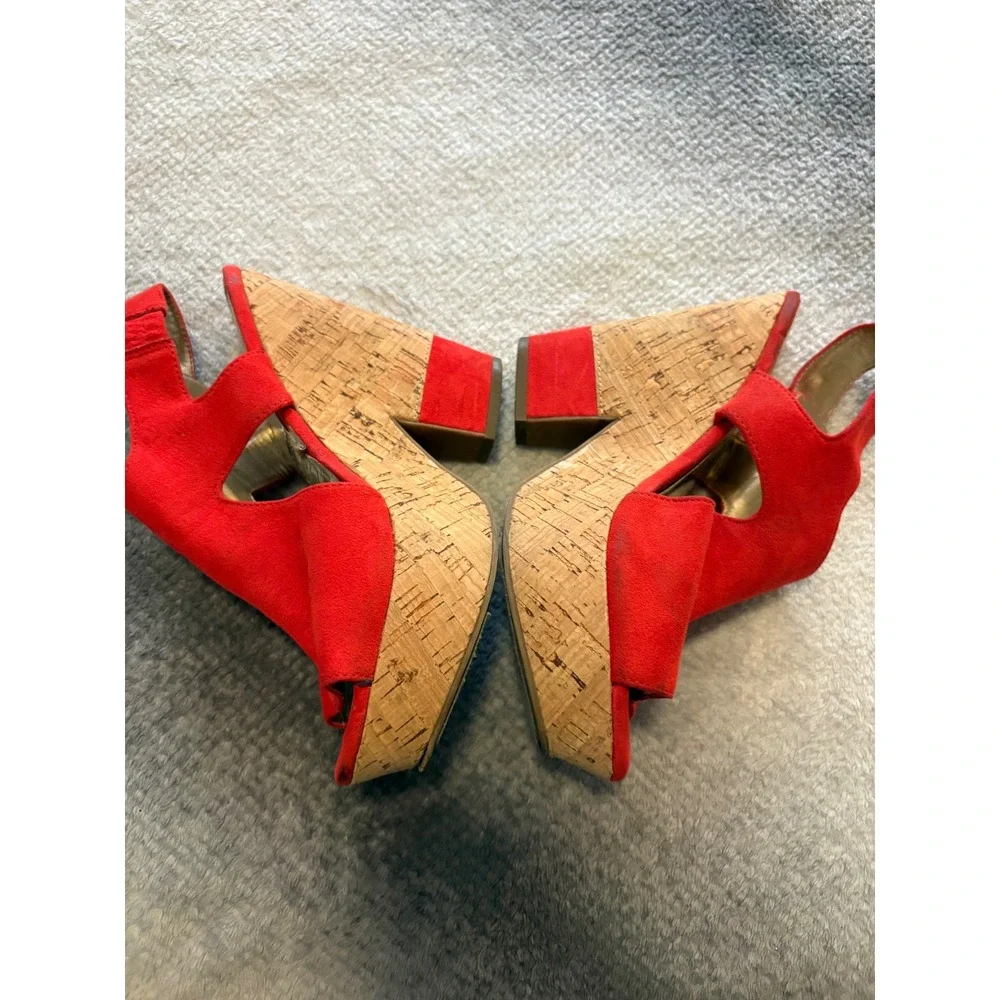 Carlos Santana Red Faux Suede Cork Platform Wedge Sandals Size 6 Womens